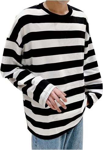 قمصان طويلة الأكمام للرجال مخطط رجالي عادية القطن دنة Crewneck تي شيرت البلوز شريط تي شيرت صالة in Saudi Arabia