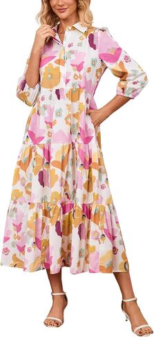 Womens Fall Dresses 2025 3/4 Sleeve Midi Dress Casual V Neck Button Down Tiered Flowy Aline Color Block Long Shirt Dress in Saudi Arabia