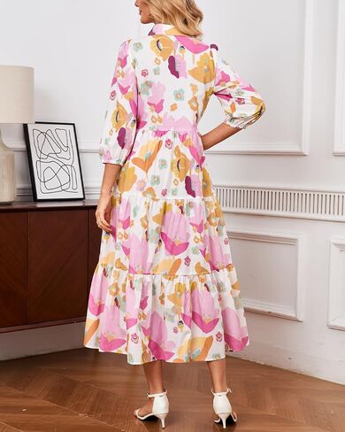 Womens Fall Dresses 2025 3/4 Sleeve Midi Dress Casual V Neck Button Down Tiered Flowy Aline Color Block Long Shirt Dress in Saudi Arabia