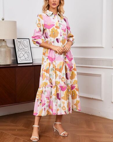 Womens Fall Dresses 2025 3/4 Sleeve Midi Dress Casual V Neck Button Down Tiered Flowy Aline Color Block Long Shirt Dress in Saudi Arabia