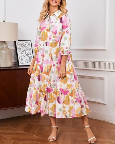 Womens Fall Dresses 2025 3/4 Sleeve Midi Dress Casual V Neck Button Down Tiered Flowy Aline Color Block Long Shirt Dress in Saudi Arabia