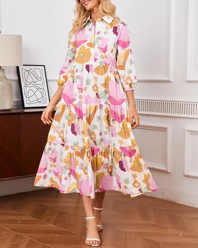 Womens Fall Dresses 2025 3/4 Sleeve Midi Dress Casual V Neck Button Down Tiered Flowy Aline Color Block Long Shirt Dress in Saudi Arabia