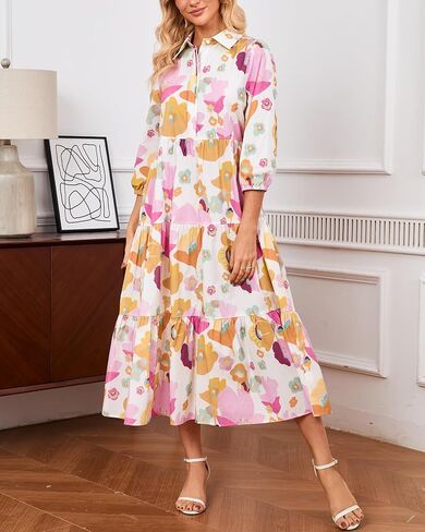 Womens Fall Dresses 2025 3/4 Sleeve Midi Dress Casual V Neck Button Down Tiered Flowy Aline Color Block Long Shirt Dress in Saudi Arabia