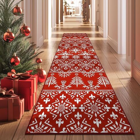 سجادة Findosom Christmas Runner مقاس 2x8، سجادة طويلة ناعمة قابلة للغسل وغير قابلة للانزلاق مع ندفة ثلج حمراء، سجادة رمي منخفضة الوبر من الصوف الصناعي للممر، وغرفة المعيشة، والمطبخ، والمدخل، وغرفة النوم، وديكور العطلات in Kuwait
