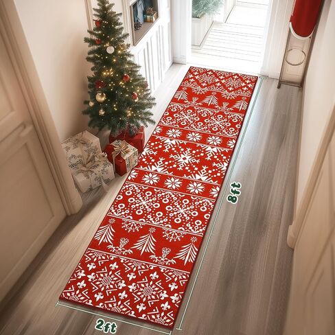 سجادة Findosom Christmas Runner مقاس 2x8، سجادة طويلة ناعمة قابلة للغسل وغير قابلة للانزلاق مع ندفة ثلج حمراء، سجادة رمي منخفضة الوبر من الصوف الصناعي للممر، وغرفة المعيشة، والمطبخ، والمدخل، وغرفة النوم، وديكور العطلات in Kuwait