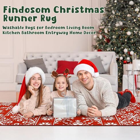 سجادة Findosom Christmas Runner مقاس 2x8، سجادة طويلة ناعمة قابلة للغسل وغير قابلة للانزلاق مع ندفة ثلج حمراء، سجادة رمي منخفضة الوبر من الصوف الصناعي للممر، وغرفة المعيشة، والمطبخ، والمدخل، وغرفة النوم، وديكور العطلات in Kuwait