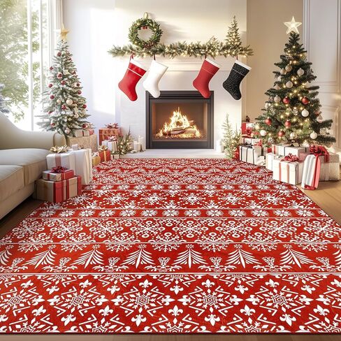 سجادة Findosom Christmas Runner مقاس 2x8، سجادة طويلة ناعمة قابلة للغسل وغير قابلة للانزلاق مع ندفة ثلج حمراء، سجادة رمي منخفضة الوبر من الصوف الصناعي للممر، وغرفة المعيشة، والمطبخ، والمدخل، وغرفة النوم، وديكور العطلات in Kuwait