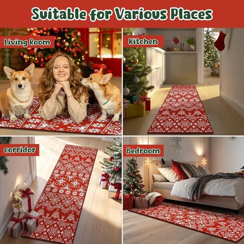 سجادة Findosom Christmas Runner مقاس 2x8، سجادة طويلة ناعمة قابلة للغسل وغير قابلة للانزلاق مع ندفة ثلج حمراء، سجادة رمي منخفضة الوبر من الصوف الصناعي للممر، وغرفة المعيشة، والمطبخ، والمدخل، وغرفة النوم، وديكور العطلات in Kuwait