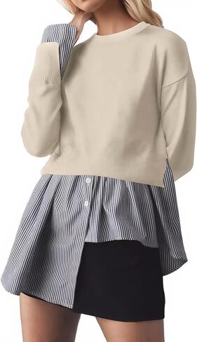 Meladyan Womens Patchwork Sweatshirt Trendy 2 in 1 Pullover Top Loose Fit Crewneck Asymmetrical Hem Button Down Shirt in Saudi Arabia