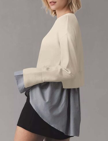 Meladyan Womens Patchwork Sweatshirt Trendy 2 in 1 Pullover Top Loose Fit Crewneck Asymmetrical Hem Button Down Shirt in Saudi Arabia