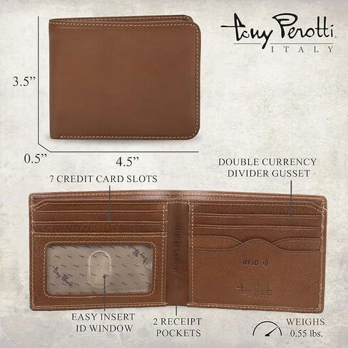 Tony Perotti Men's Italian Leather Bifold Wallet With Card Holders, Pockets, ID Window - Eco-Friendly Vegetable-Tanned Full Grain Leather Wallet Made in Italy in Saudi Arabia