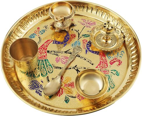 Decorative Brass Pooja Thali Set of 6 Pcs Brass Pooja 1 Plate with 1 Bowl 1 Diya 1 Spoon 1 Glass and 1 Incense Stand for Indian Traditional Festival Diwali Decorations Temple Home Bhog(Thali Size:-8") in Saudi Arabia