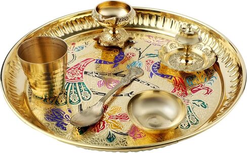 Decorative Brass Pooja Thali Set of 6 Pcs Brass Pooja 1 Plate with 1 Bowl 1 Diya 1 Spoon 1 Glass and 1 Incense Stand for Indian Traditional Festival Diwali Decorations Temple Home Bhog(Thali Size:-8") in Saudi Arabia
