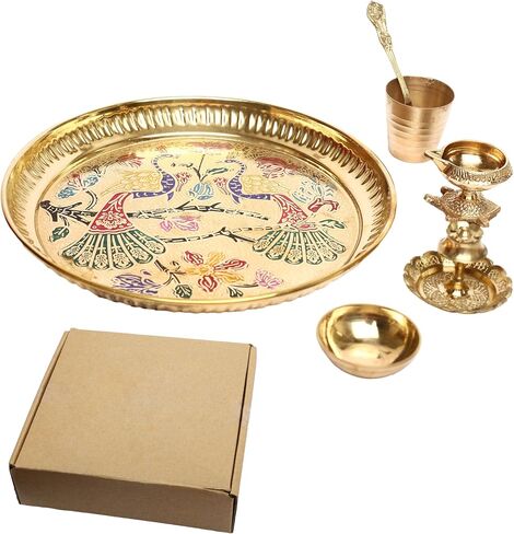 Decorative Brass Pooja Thali Set of 6 Pcs Brass Pooja 1 Plate with 1 Bowl 1 Diya 1 Spoon 1 Glass and 1 Incense Stand for Indian Traditional Festival Diwali Decorations Temple Home Bhog(Thali Size:-8") in Saudi Arabia