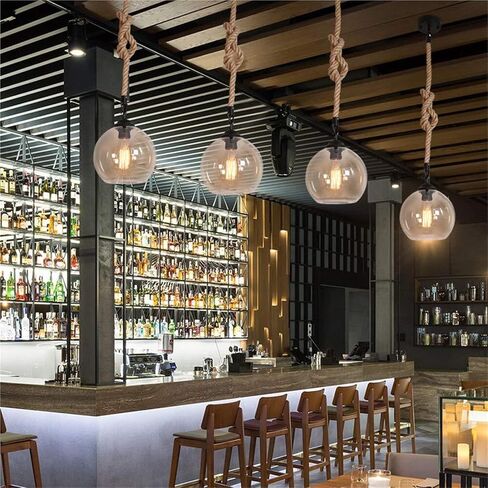 LNPTAL Industrial Rope Pendant Light, Vintage Globe Glass Hanging Lamp, E26/E27 Rustic Ceiling Fixture for Kitchen Island Bar Cafe Dining Room(30cm) in Saudi Arabia