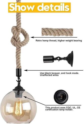 LNPTAL Industrial Rope Pendant Light, Vintage Globe Glass Hanging Lamp, E26/E27 Rustic Ceiling Fixture for Kitchen Island Bar Cafe Dining Room(30cm) in Saudi Arabia