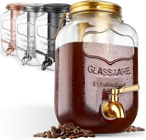 Cold Brew Mason Jar (128 oz) Iced Coffee Cold Brew Pitcher Home, 1 Gallon Cold Brew Coffee Maker for Brewing Ice Coffee and Tea, Cold Brew Glass Pitcher with Filter, Large Cold Brew Maker (Silver) in Kuwait