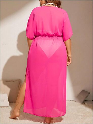 OYOANGLE Women's Plus Size Short Sleeve Beach Kimono Drawstring Waist Flowy Long Cardigans Cover Ups in Saudi Arabia