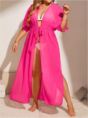 OYOANGLE Women's Plus Size Short Sleeve Beach Kimono Drawstring Waist Flowy Long Cardigans Cover Ups in Saudi Arabia