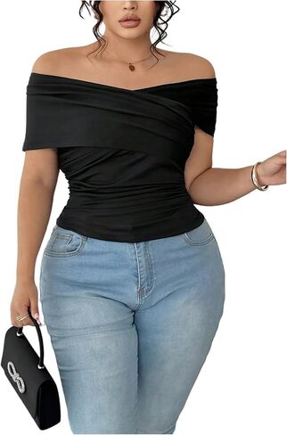 SOLY HUX Women's Plus Size Off The Shoulder Tops Criss Cross Wrap Ruched T Shirt Short Sleeve Slim Fit Tee in Saudi Arabia
