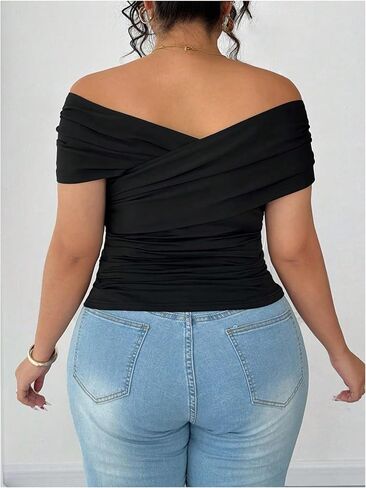 SOLY HUX Women's Plus Size Off The Shoulder Tops Criss Cross Wrap Ruched T Shirt Short Sleeve Slim Fit Tee in Saudi Arabia