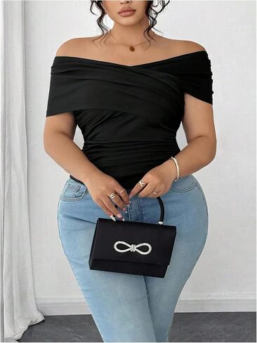 SOLY HUX Women's Plus Size Off The Shoulder Tops Criss Cross Wrap Ruched T Shirt Short Sleeve Slim Fit Tee in Saudi Arabia