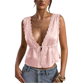 Women's Tie Front Deep V Neck Peplum Tops Lace Trim Sleeveless Satin Crop Tank Top in Saudi Arabia
