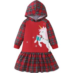 Girls Long Sleeve Dress: Toddler Girl Unicorn Christmas Hoodie Sweatshirt A-Line Dresses for Fall Winter Party 2-7Y in Saudi Arabia