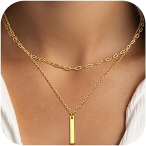 Dainty Gold Layered Necklace for Women,14k Gold Plated Paperclip Link Chain Cross Bar Heart Tag Cubic Zirconia Pendant Necklace Set,Gold Jewelry Gift for Women in Saudi Arabia