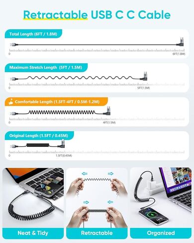 SUNGUY Right Angle Coiled USB C Cable 3FT [2Pack], 90 Degree USB A to USB C Cable for Android Auto & Carplay, USB Type C Charging Cable for iPhone 16 15 Pro/Pro Max/Plus, Samsung Galaxy S24 S23 S22 in Kuwait