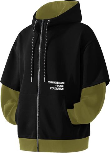 Men's Zip Up Hoodie Color Block Sweatshirts Casual Loose Fit Lightweight with Pockets Pullover Hooded Jacket in Saudi Arabia