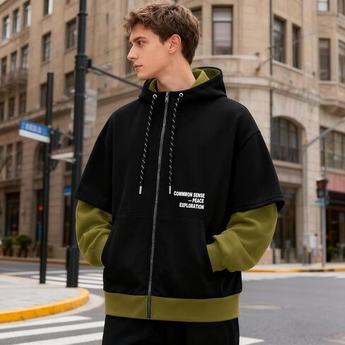 Men's Zip Up Hoodie Color Block Sweatshirts Casual Loose Fit Lightweight with Pockets Pullover Hooded Jacket in Saudi Arabia