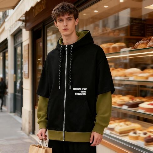 Men's Zip Up Hoodie Color Block Sweatshirts Casual Loose Fit Lightweight with Pockets Pullover Hooded Jacket in Saudi Arabia