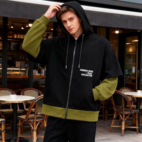 Men's Zip Up Hoodie Color Block Sweatshirts Casual Loose Fit Lightweight with Pockets Pullover Hooded Jacket in Saudi Arabia