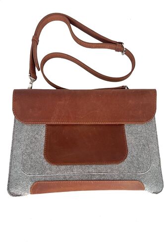 Genuine leather Laptop Sleeve with shoulder strap for 13 inch laptop cover with pockets fashion leather and felt cover, case, handmade (Brown) in Saudi Arabia
