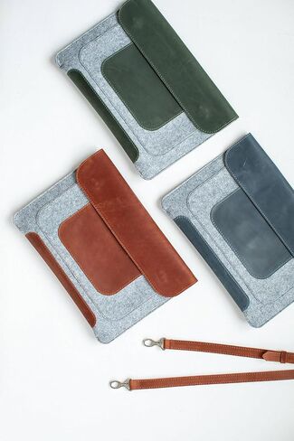 Genuine leather Laptop Sleeve with shoulder strap for 13 inch laptop cover with pockets fashion leather and felt cover, case, handmade (Brown) in Saudi Arabia