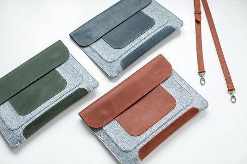 Genuine leather Laptop Sleeve with shoulder strap for 13 inch laptop cover with pockets fashion leather and felt cover, case, handmade (Brown) in Saudi Arabia