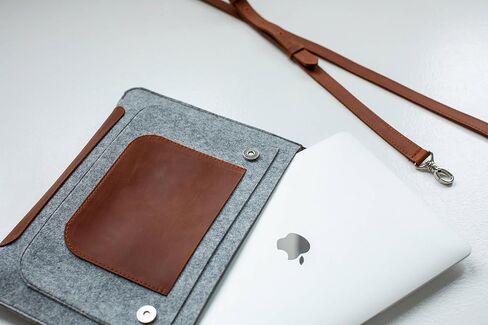 Genuine leather Laptop Sleeve with shoulder strap for 13 inch laptop cover with pockets fashion leather and felt cover, case, handmade (Brown) in Saudi Arabia