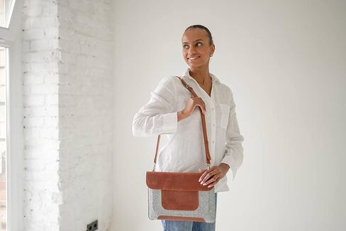 Genuine leather Laptop Sleeve with shoulder strap for 13 inch laptop cover with pockets fashion leather and felt cover, case, handmade (Brown) in Saudi Arabia