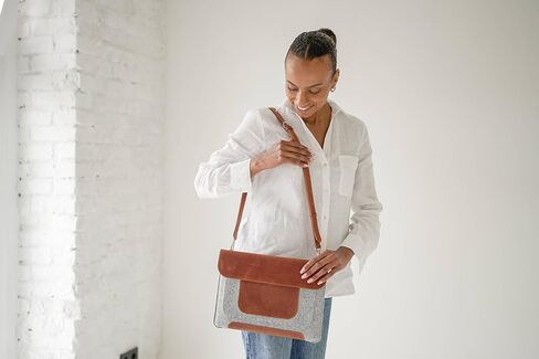 Genuine leather Laptop Sleeve with shoulder strap for 13 inch laptop cover with pockets fashion leather and felt cover, case, handmade (Brown) in Saudi Arabia