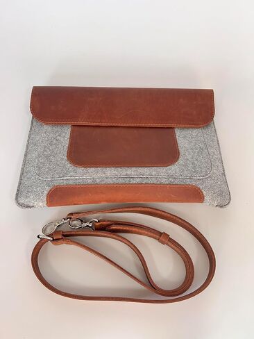 Genuine leather Laptop Sleeve with shoulder strap for 13 inch laptop cover with pockets fashion leather and felt cover, case, handmade (Brown) in Saudi Arabia