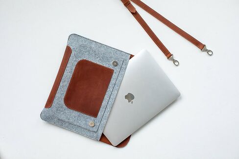 Genuine leather Laptop Sleeve with shoulder strap for 13 inch laptop cover with pockets fashion leather and felt cover, case, handmade (Brown) in Saudi Arabia