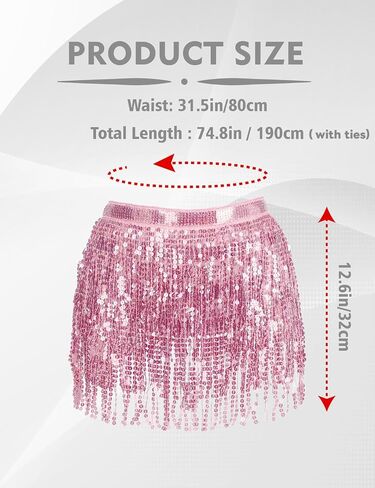 Tassel Sequin Skirt Belly Dance Hip Scarf with Fringe for Women, Sparkle Elastic Waist Performance Rave Festival Costume in Kuwait