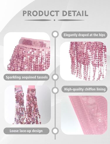 Tassel Sequin Skirt Belly Dance Hip Scarf with Fringe for Women, Sparkle Elastic Waist Performance Rave Festival Costume in Kuwait