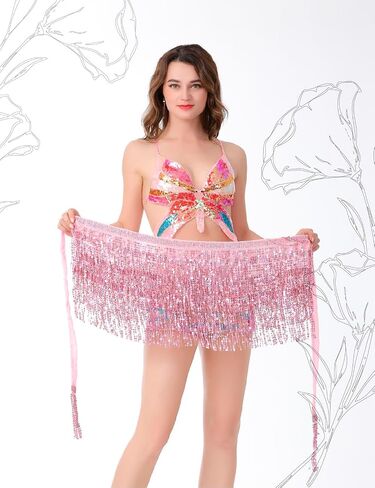 Tassel Sequin Skirt Belly Dance Hip Scarf with Fringe for Women, Sparkle Elastic Waist Performance Rave Festival Costume in Kuwait