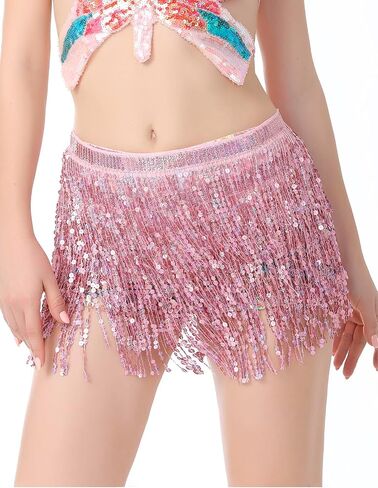 Tassel Sequin Skirt Belly Dance Hip Scarf with Fringe for Women, Sparkle Elastic Waist Performance Rave Festival Costume in Kuwait