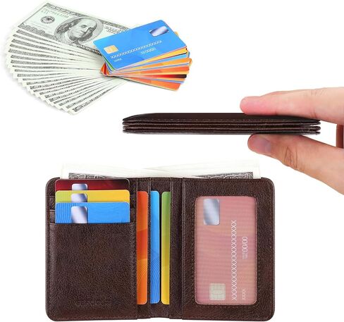 Bifold Slim Men Wallet Genuine Leather Thin, Small Vertical RFID Blocking Wallets for Men ，Compact & Stylish with Clear ID Windows (Coffee) in Saudi Arabia
