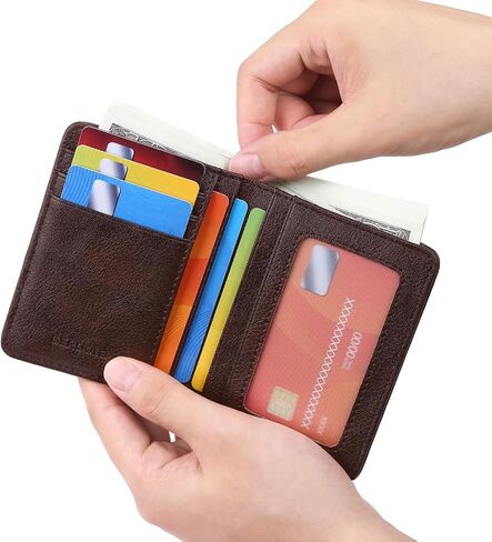Bifold Slim Men Wallet Genuine Leather Thin, Small Vertical RFID Blocking Wallets for Men ，Compact & Stylish with Clear ID Windows (Coffee) in Saudi Arabia