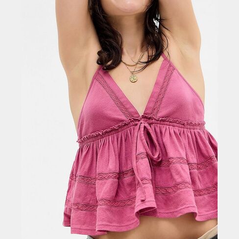 Women Y2K Floral Babydoll Tank Shirt V Neck Spaghetti Strap Ruffle Hem Crop Cami Boho Cute Going Out Top in Kuwait