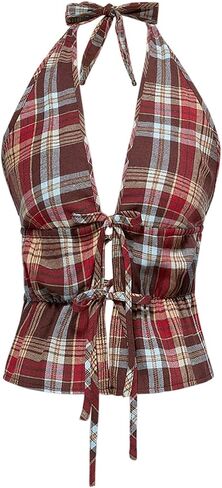 Verdusa Women's Y2K Plaid Tie Back Halter Tops Vintage Backless Summer Going Out Tops in Saudi Arabia